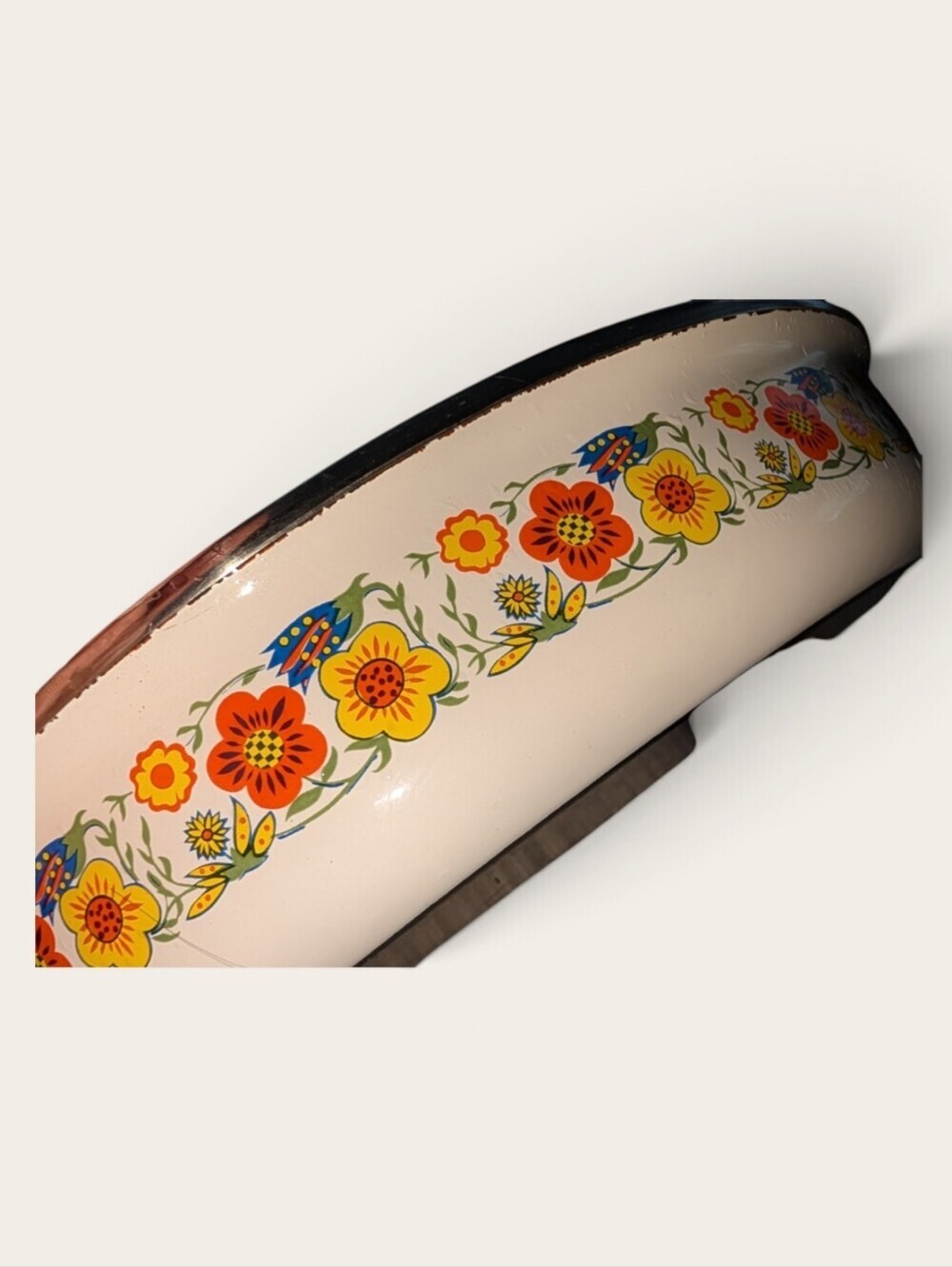 Vintage MCM Enamel Floral Oval Roaster - Yellow & Orange - Picture 2 of 4